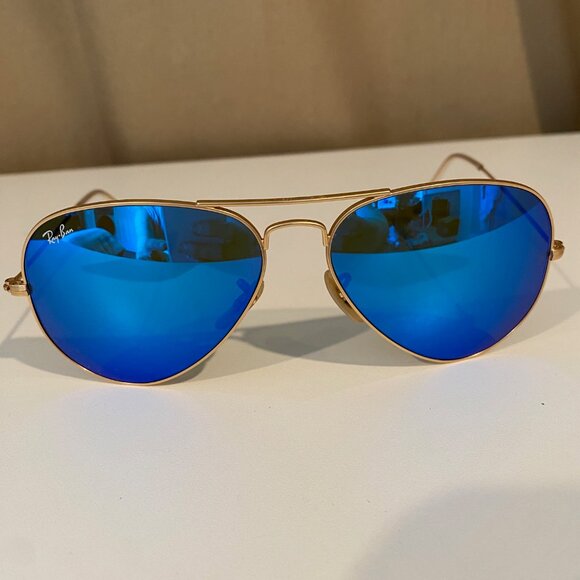 Ray-Ban Aviator Sunglasses Blue‎ Mirror Lens Gold Frame Made in Italy with case - Picture 5 of 16